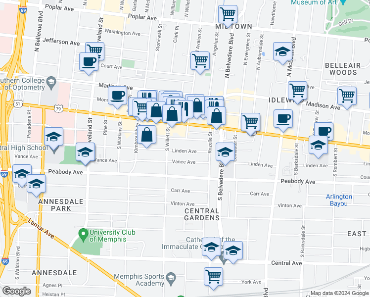 map of restaurants, bars, coffee shops, grocery stores, and more near 1594 Linden Avenue in Memphis