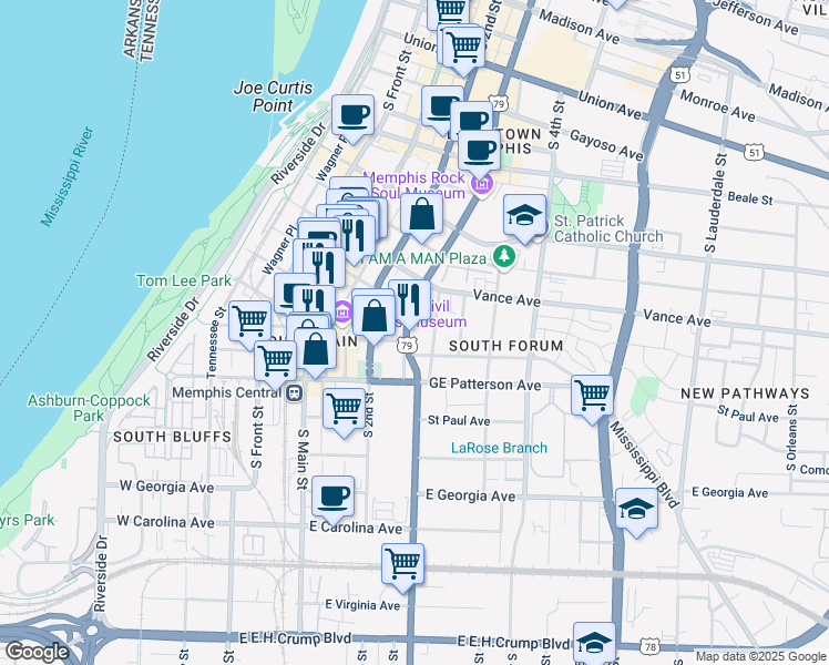 map of restaurants, bars, coffee shops, grocery stores, and more near 394 South B.B. King Boulevard in Memphis