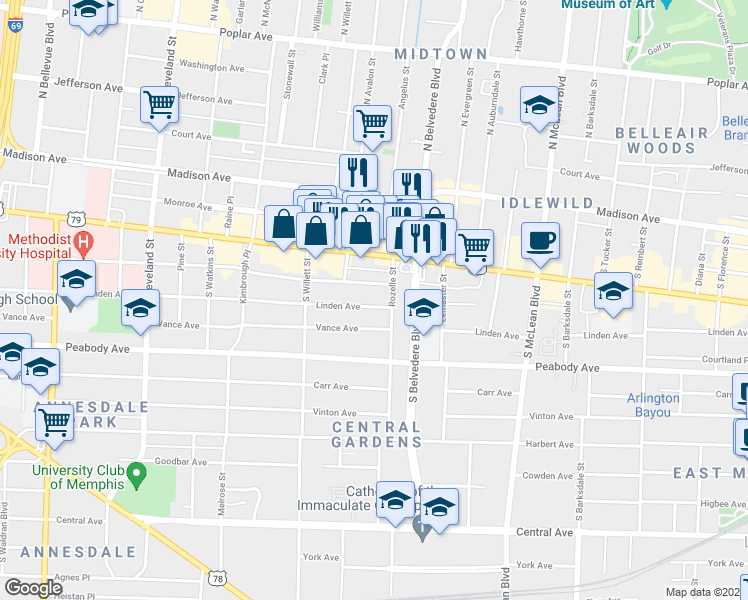 map of restaurants, bars, coffee shops, grocery stores, and more near 1626 Linden Avenue in Memphis
