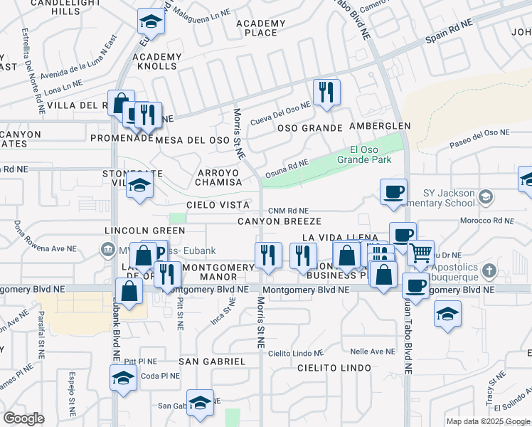 map of restaurants, bars, coffee shops, grocery stores, and more near 4631 Via Macduffee Road Northeast in Albuquerque