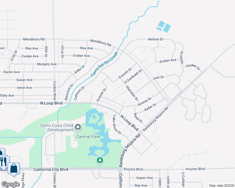 map of restaurants, bars, coffee shops, grocery stores, and more near 21551 Sheridan Court in California City