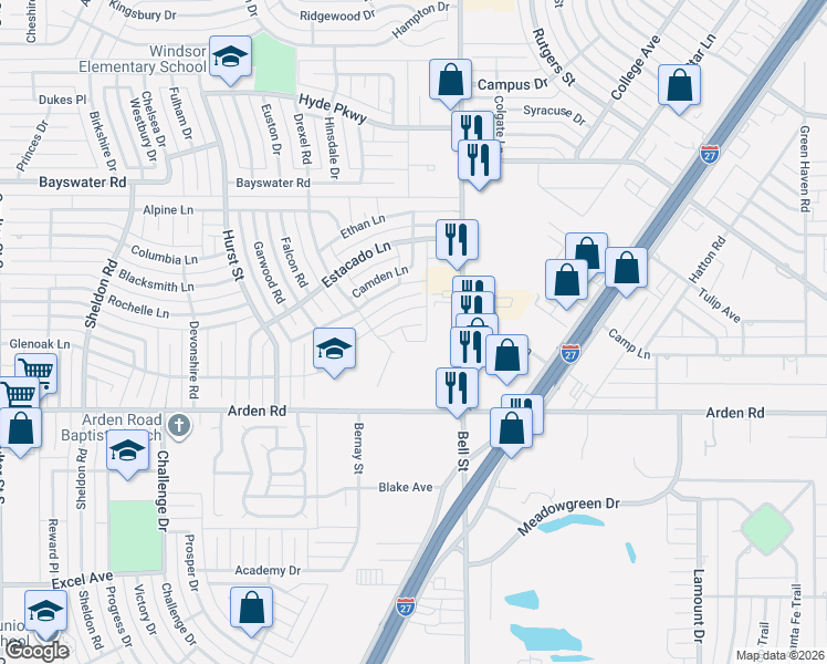 map of restaurants, bars, coffee shops, grocery stores, and more near 6205 Drexel Lane in Amarillo