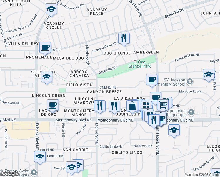 map of restaurants, bars, coffee shops, grocery stores, and more near 4624 Gretta Court Northeast in Albuquerque
