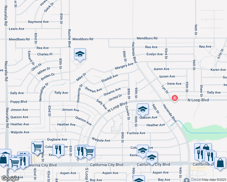 map of restaurants, bars, coffee shops, grocery stores, and more near Stearns Avenue in California City