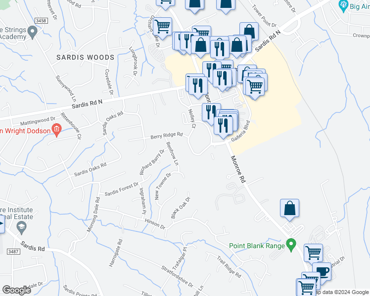 map of restaurants, bars, coffee shops, grocery stores, and more near 9020 Nolley Court in Charlotte