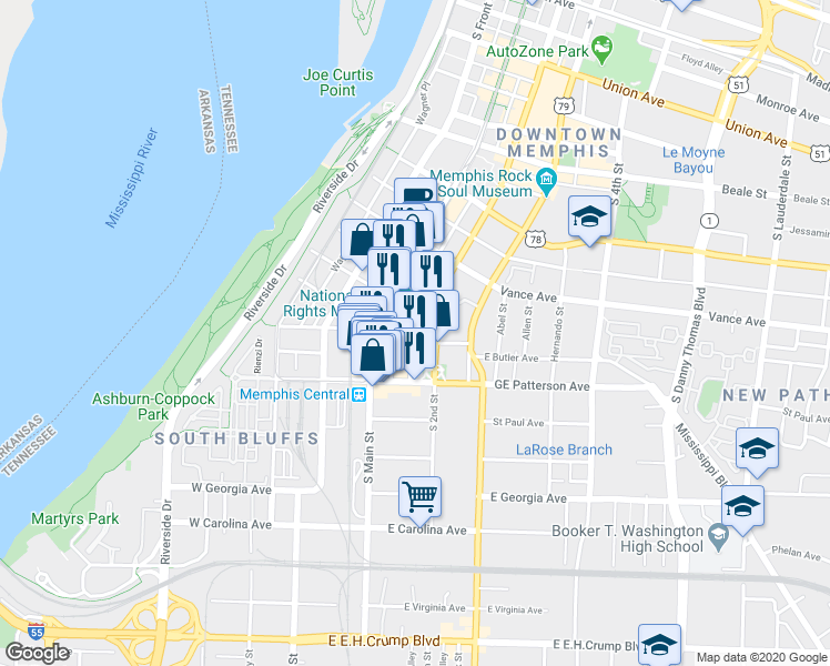 map of restaurants, bars, coffee shops, grocery stores, and more near 438 Saint Martin Street in Memphis