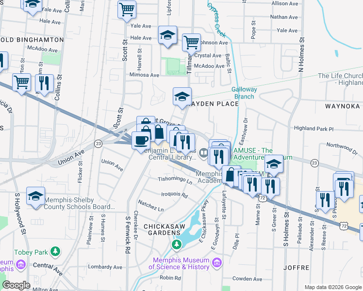 map of restaurants, bars, coffee shops, grocery stores, and more near 2980 Poplar Avenue in Memphis