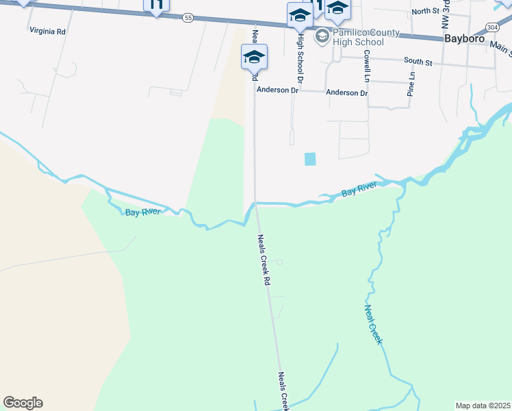 map of restaurants, bars, coffee shops, grocery stores, and more near 499 Neals Creek Road in Bayboro
