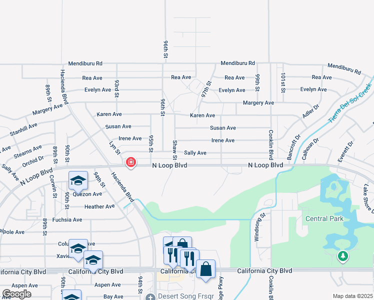 map of restaurants, bars, coffee shops, grocery stores, and more near 9625 Sally Avenue in California City