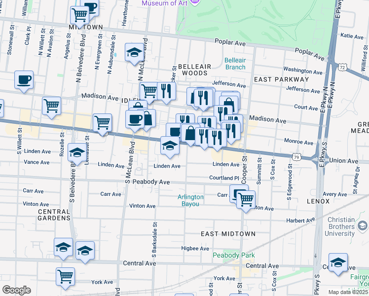 map of restaurants, bars, coffee shops, grocery stores, and more near 1981 Union Avenue in Memphis