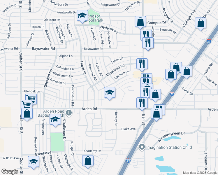 map of restaurants, bars, coffee shops, grocery stores, and more near 6322 Oakcrest Lane in Amarillo