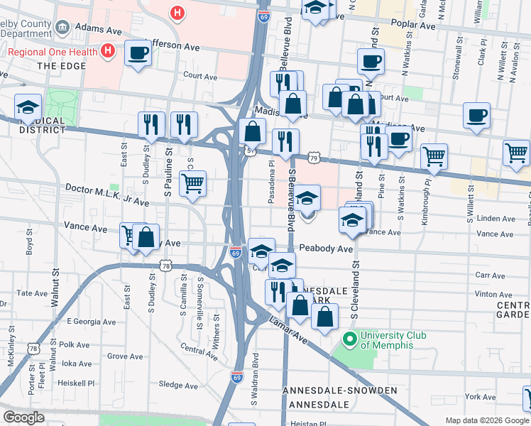 map of restaurants, bars, coffee shops, grocery stores, and more near 285 Pasadena Place in Memphis