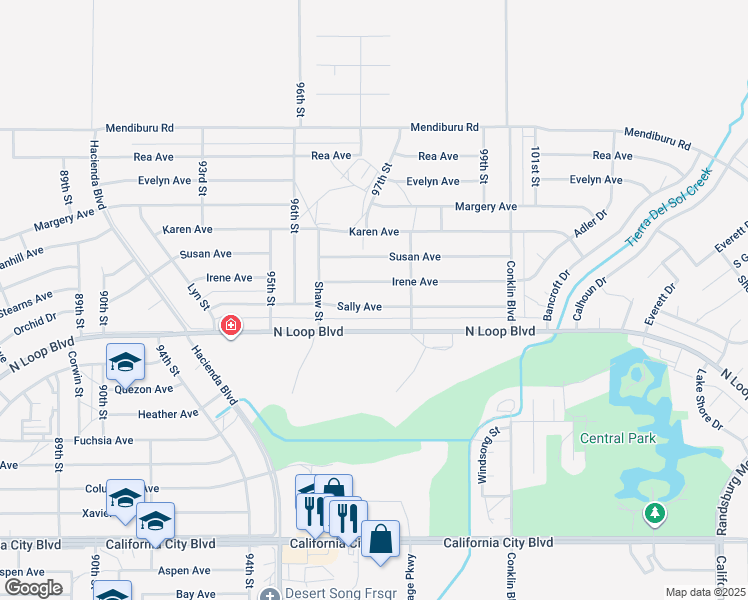 map of restaurants, bars, coffee shops, grocery stores, and more near 9709 Sally Avenue in California City
