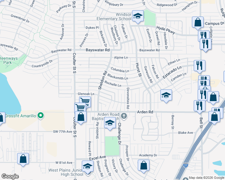 map of restaurants, bars, coffee shops, grocery stores, and more near 6814 Windridge Place in Amarillo