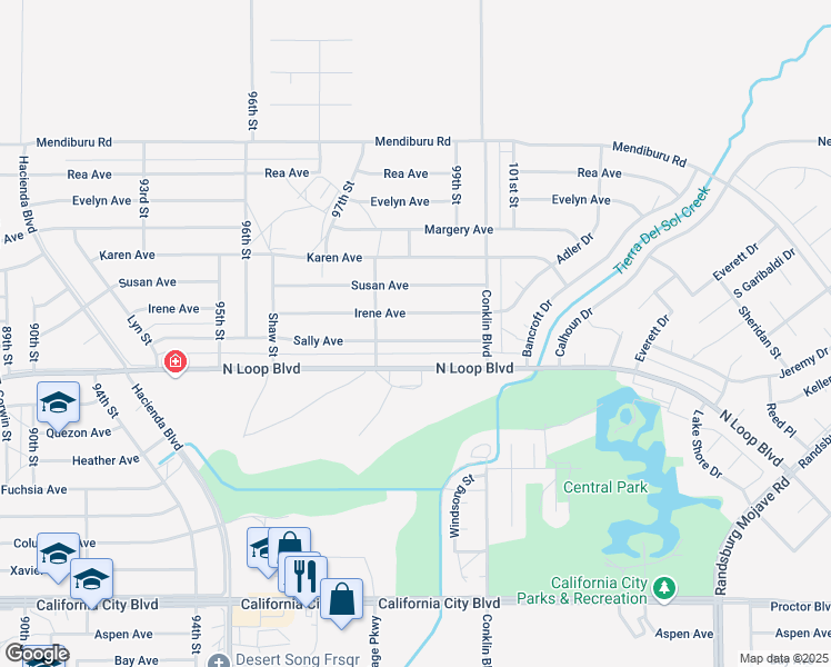 map of restaurants, bars, coffee shops, grocery stores, and more near 9841 Sally Avenue in California City