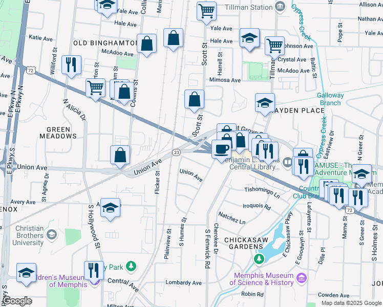 map of restaurants, bars, coffee shops, grocery stores, and more near 2770 Tennessee 23 in Memphis