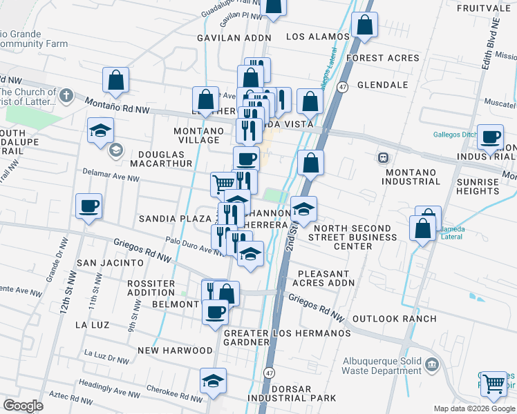 map of restaurants, bars, coffee shops, grocery stores, and more near in Albuquerque