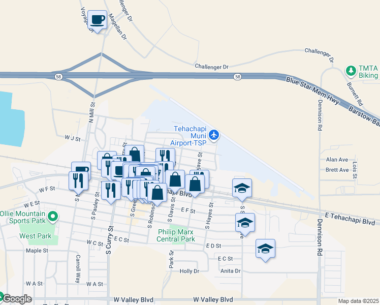 map of restaurants, bars, coffee shops, grocery stores, and more near 320 E J St in Tehachapi