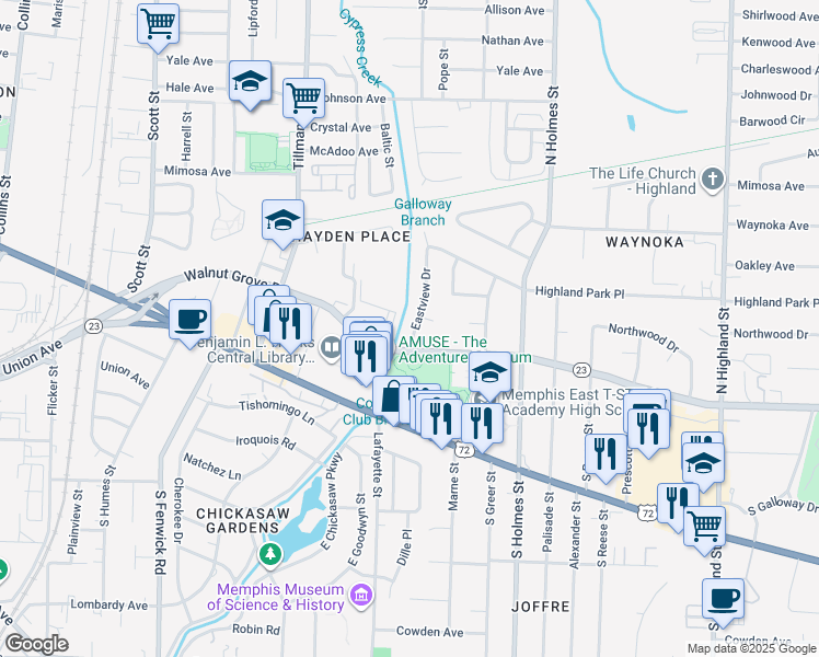map of restaurants, bars, coffee shops, grocery stores, and more near 3100 Walnut Grove Road in Memphis