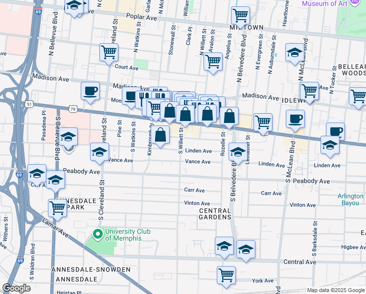 map of restaurants, bars, coffee shops, grocery stores, and more near 1528 Linden Avenue in Memphis