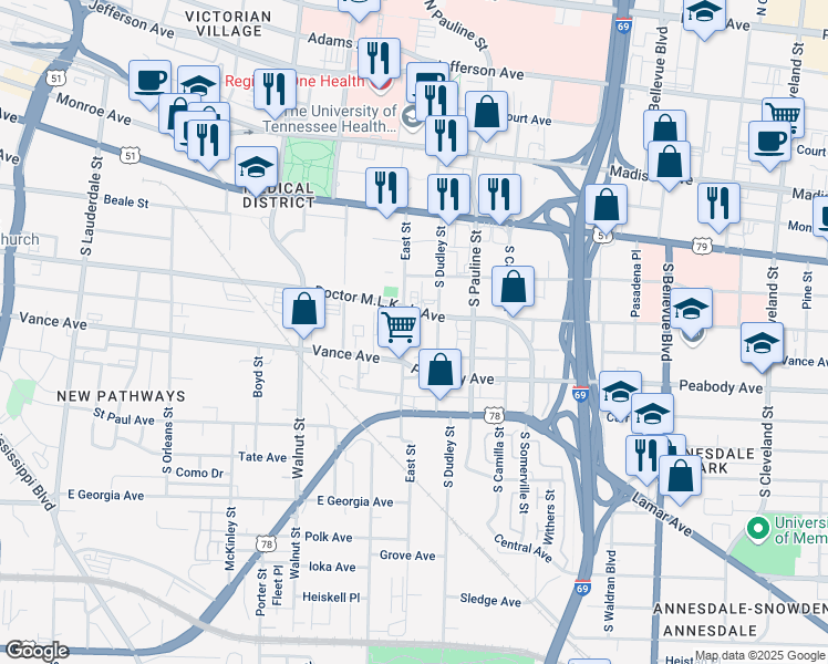 map of restaurants, bars, coffee shops, grocery stores, and more near 939 Linden Avenue in Memphis