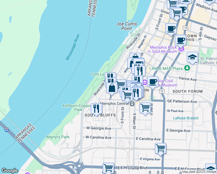 map of restaurants, bars, coffee shops, grocery stores, and more near 493 Tennessee Street in Memphis