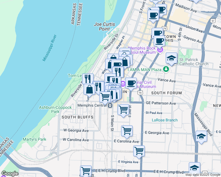 map of restaurants, bars, coffee shops, grocery stores, and more near 484 South Front Street in Memphis
