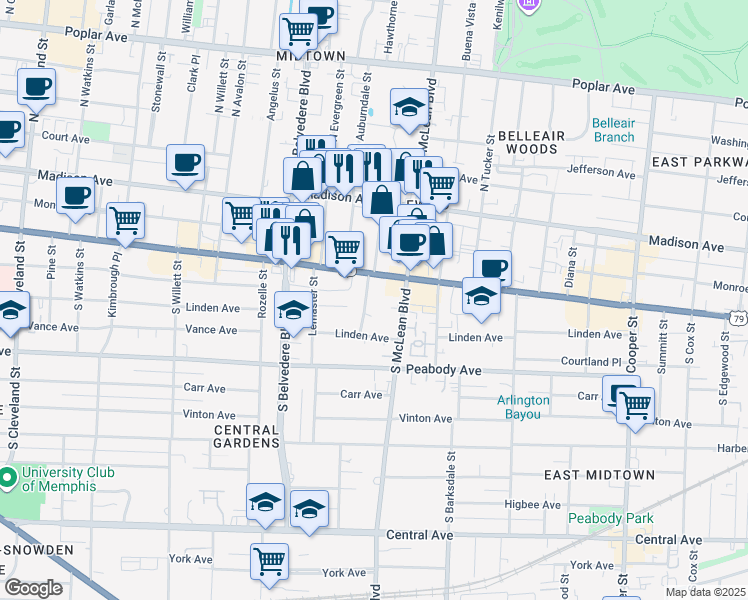 map of restaurants, bars, coffee shops, grocery stores, and more near 182 South Idlewild Street in Memphis