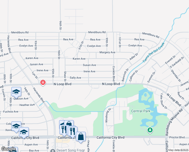 map of restaurants, bars, coffee shops, grocery stores, and more near 9825 Sally Avenue in California City