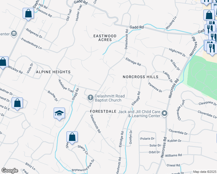 map of restaurants, bars, coffee shops, grocery stores, and more near 4965 Brighton Lane in Chattanooga