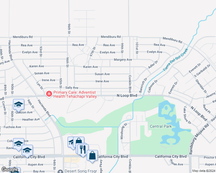 map of restaurants, bars, coffee shops, grocery stores, and more near 9825 Sally Avenue in California City