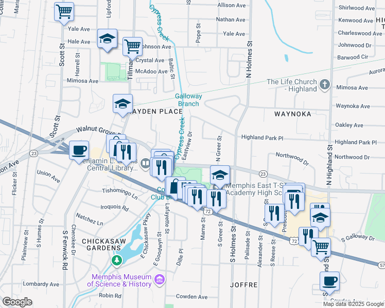 map of restaurants, bars, coffee shops, grocery stores, and more near 88 Eastview Cove in Memphis