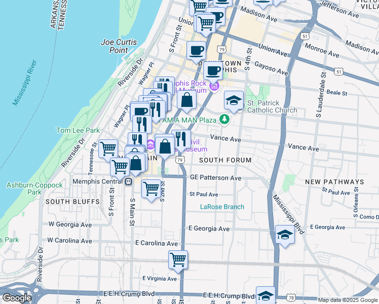 map of restaurants, bars, coffee shops, grocery stores, and more near 375 Abel Street in Memphis
