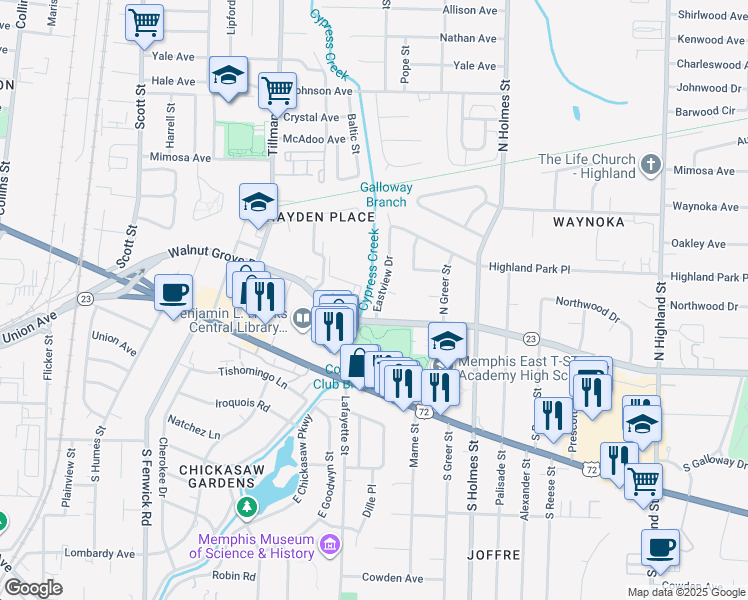 map of restaurants, bars, coffee shops, grocery stores, and more near 3100 Walnut Grove Road in Memphis
