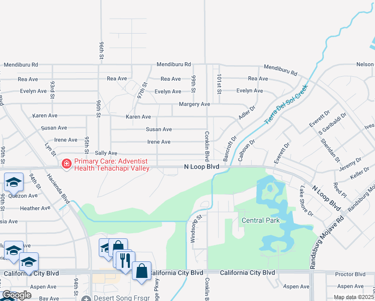 map of restaurants, bars, coffee shops, grocery stores, and more near 9917 Sally Avenue in California City