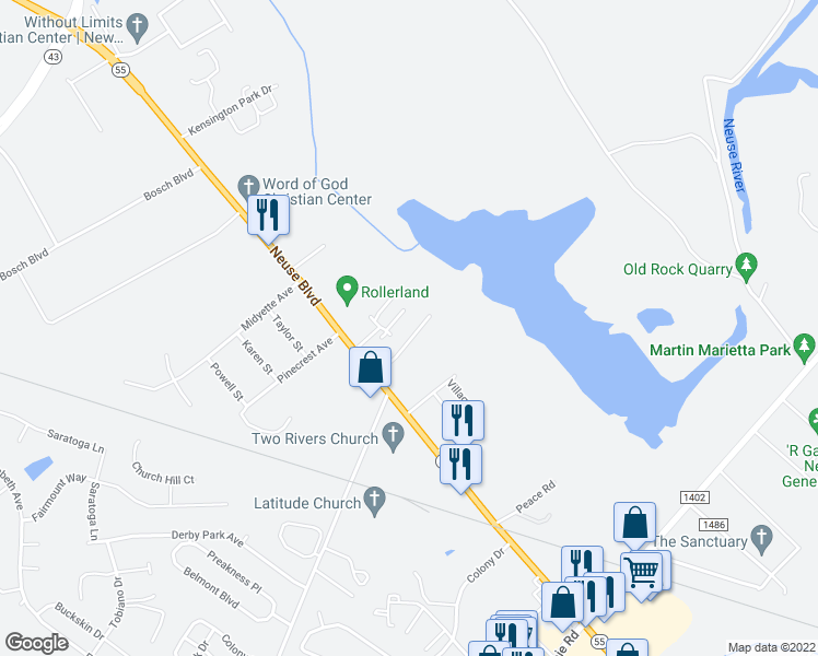 map of restaurants, bars, coffee shops, grocery stores, and more near 419 Stoneyhill Trail in New Bern