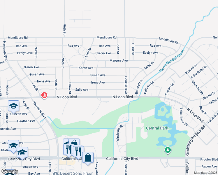 map of restaurants, bars, coffee shops, grocery stores, and more near 9849 Sally Avenue in California City