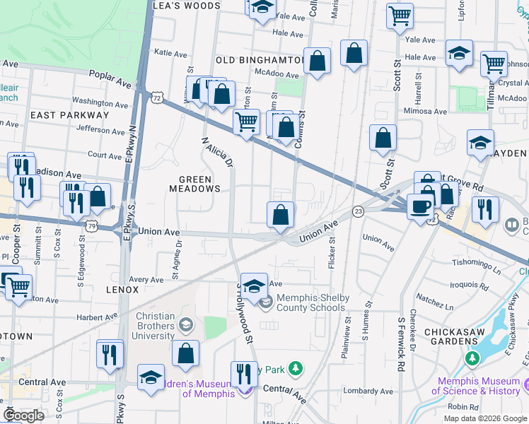 map of restaurants, bars, coffee shops, grocery stores, and more near 34 South Merton Street in Memphis