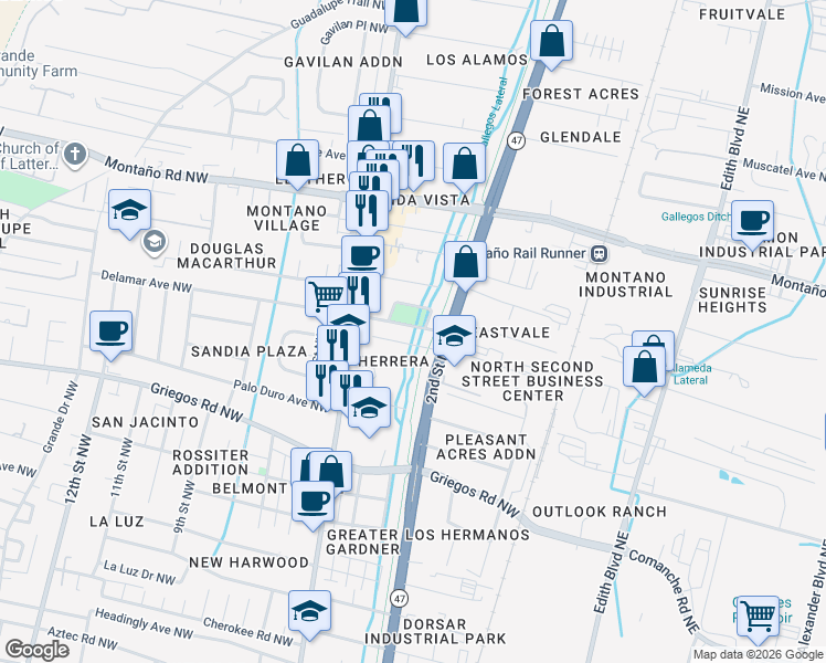 map of restaurants, bars, coffee shops, grocery stores, and more near 212 Delamar Avenue Northwest in Albuquerque