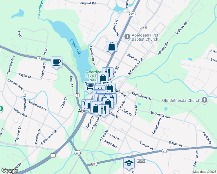 map of restaurants, bars, coffee shops, grocery stores, and more near 214 North Poplar Street in Aberdeen