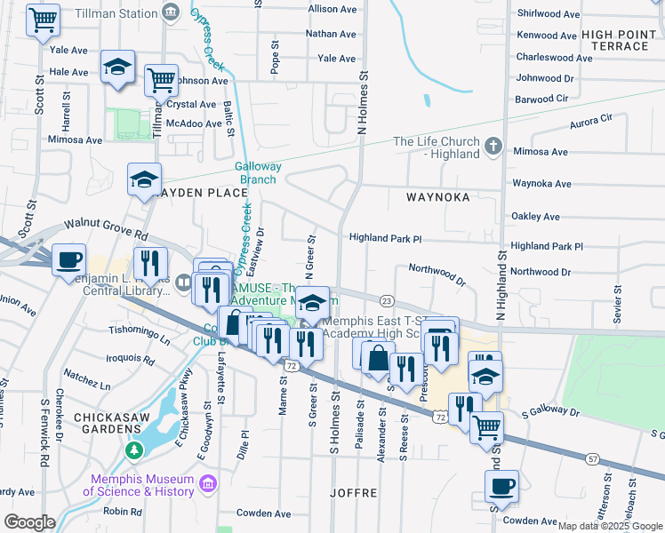 map of restaurants, bars, coffee shops, grocery stores, and more near 93 North Holmes Street in Memphis