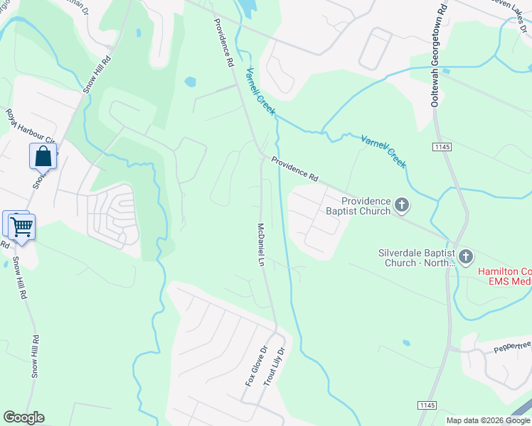 map of restaurants, bars, coffee shops, grocery stores, and more near 8476 Cherrybark Lane in Ooltewah