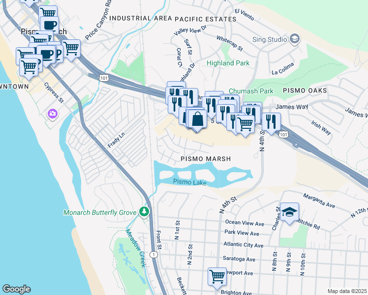 map of restaurants, bars, coffee shops, grocery stores, and more near 201 5 Cities Drive in Pismo Beach