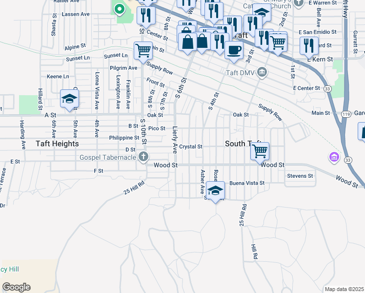 map of restaurants, bars, coffee shops, grocery stores, and more near 207 Crystal Street in Taft