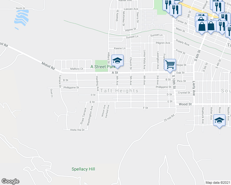 map of restaurants, bars, coffee shops, grocery stores, and more near 600 D Street in Taft