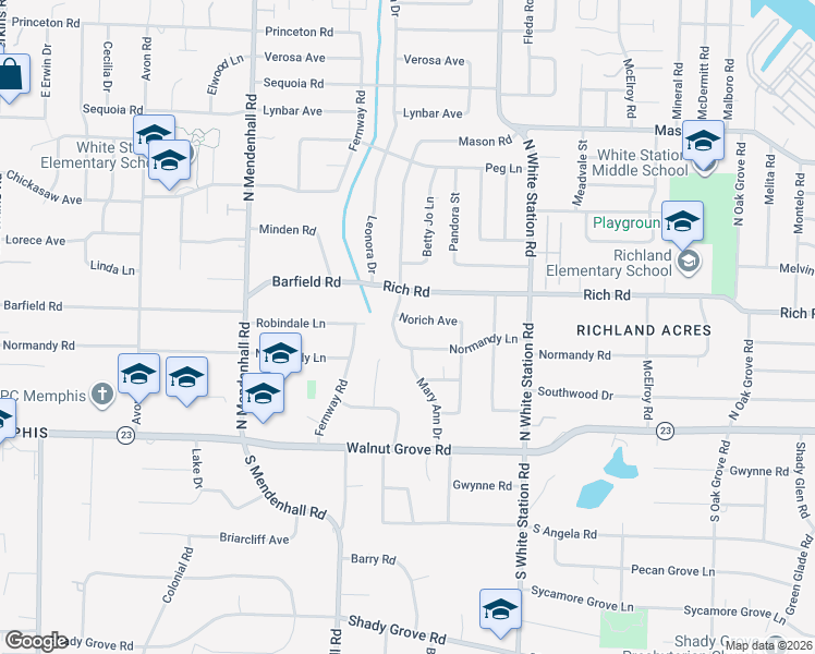 map of restaurants, bars, coffee shops, grocery stores, and more near 5095 Norich Avenue in Memphis