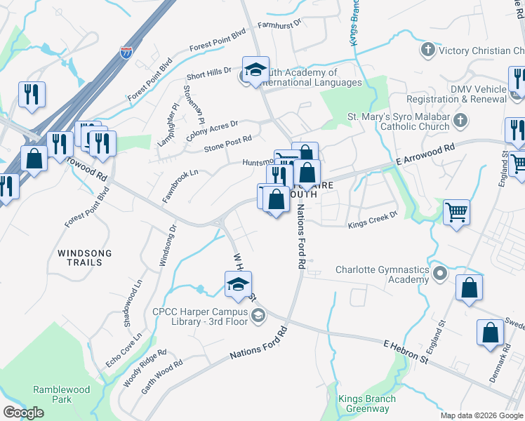 map of restaurants, bars, coffee shops, grocery stores, and more near 205 West Arrowood Road in Charlotte