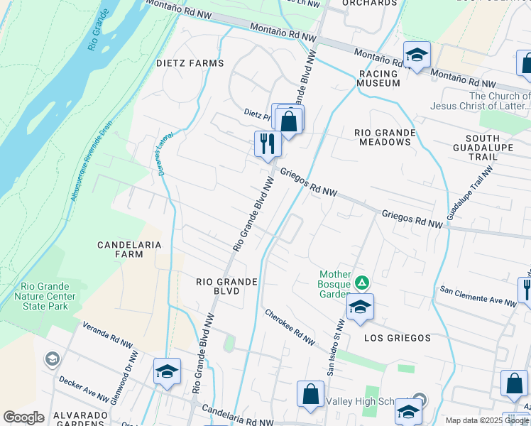 map of restaurants, bars, coffee shops, grocery stores, and more near 3718 Rio Grande Boulevard Northwest in Albuquerque