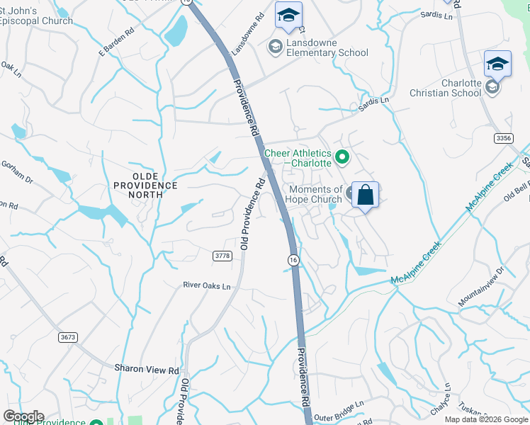 map of restaurants, bars, coffee shops, grocery stores, and more near 5805 Old Providence Road in Charlotte