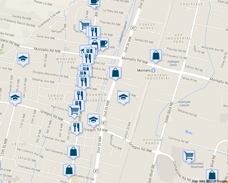map of restaurants, bars, coffee shops, grocery stores, and more near 5138 2nd Street Northwest in Albuquerque